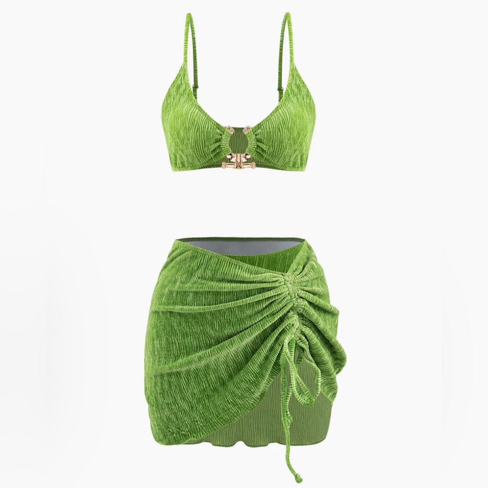 Velvet Textured U-ring Bikini And Sarong 3pc Set